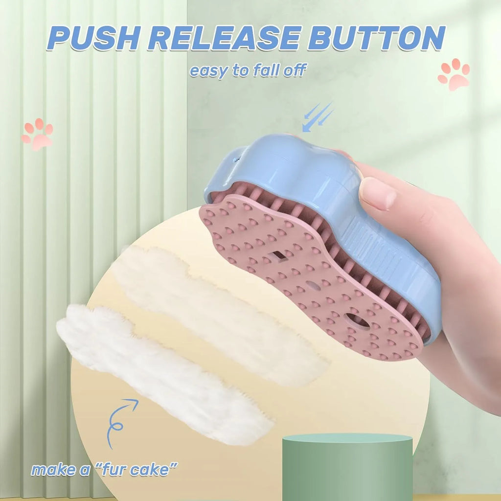 Self-cleaning cat steam grooming brush with silicone bristles and blue light on a pink background
