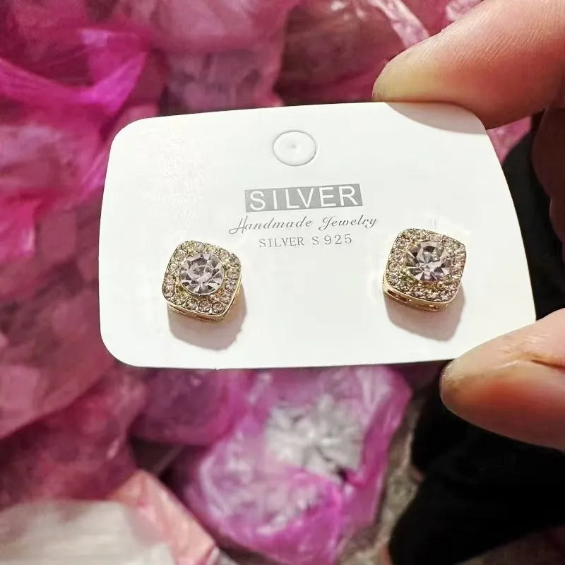 Square diamond geometric women's earrings in alloy metal, shown in silver and gold colour options.