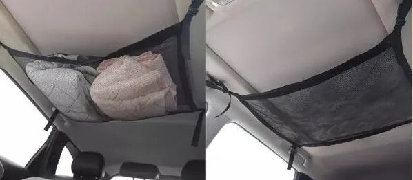 Black multifunctional hanging car storage bag with double-layer mesh, 60x80cm size, fitted on car top
