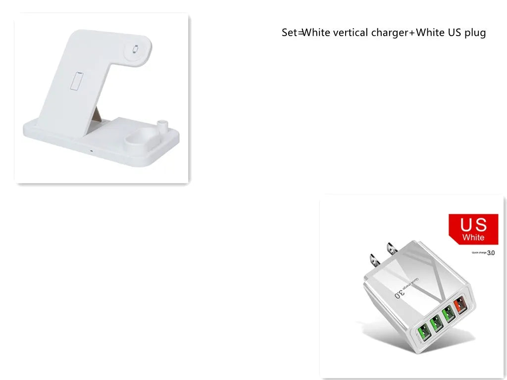 Black 4-in-1 wireless charging dock showing phone on adjustable stand, Apple Watch, AirPods, and Apple Pencil charging simultaneously.