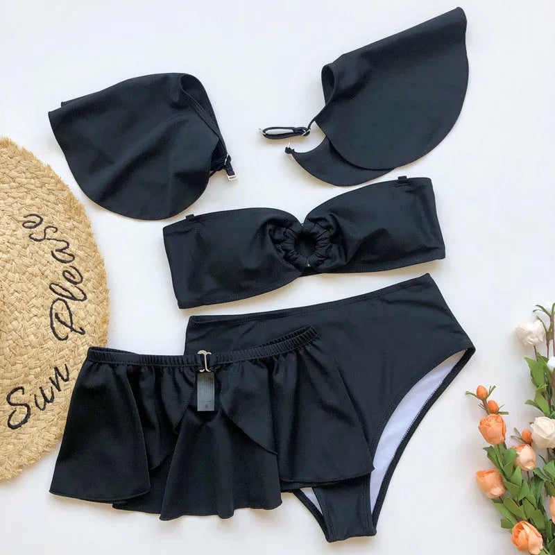 Women's three-piece flounced bikini swimsuit in black or red with nylon fabric