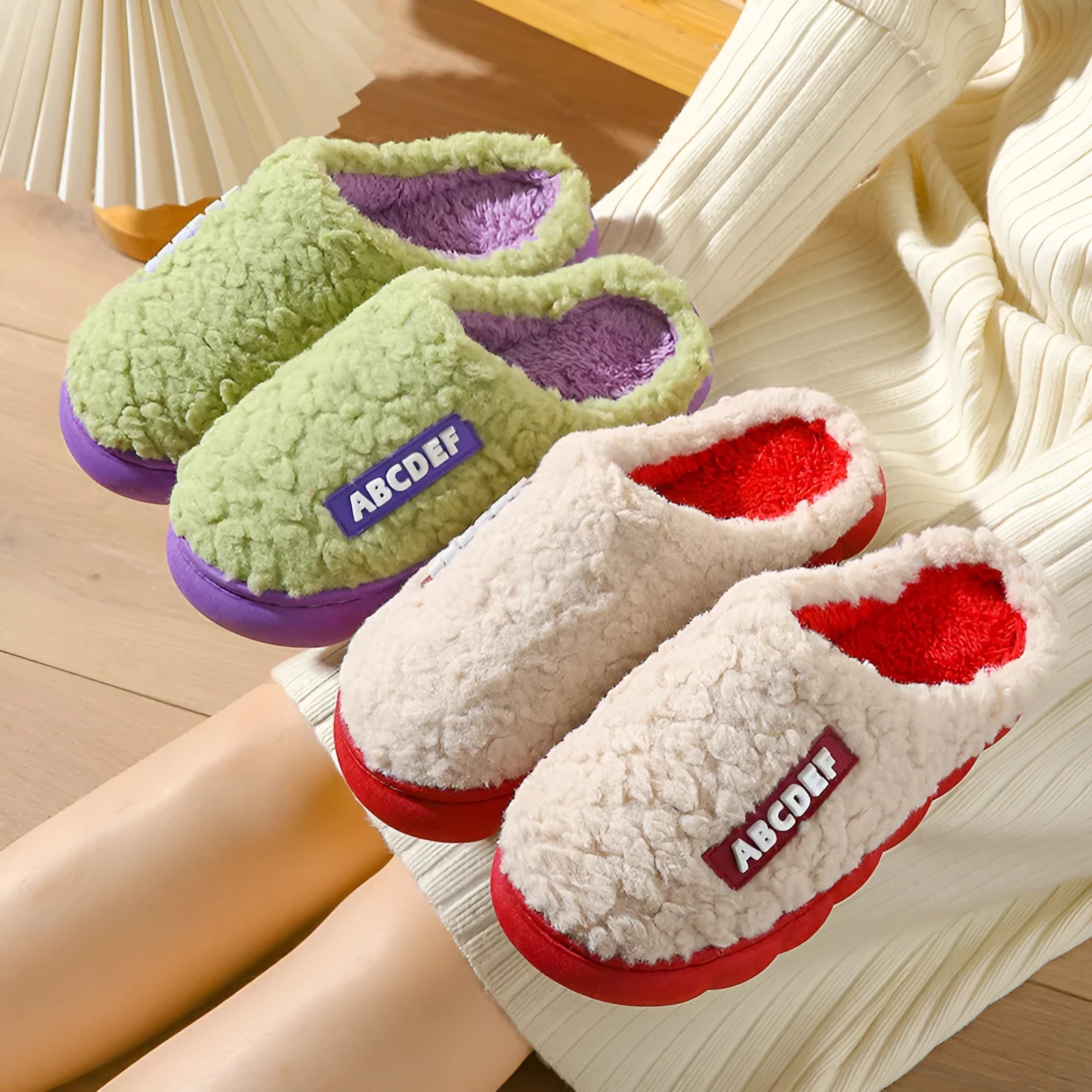 New Letter non-slip thick-soled fur slippers in beige with plush upper and PVC sole for indoor warmth