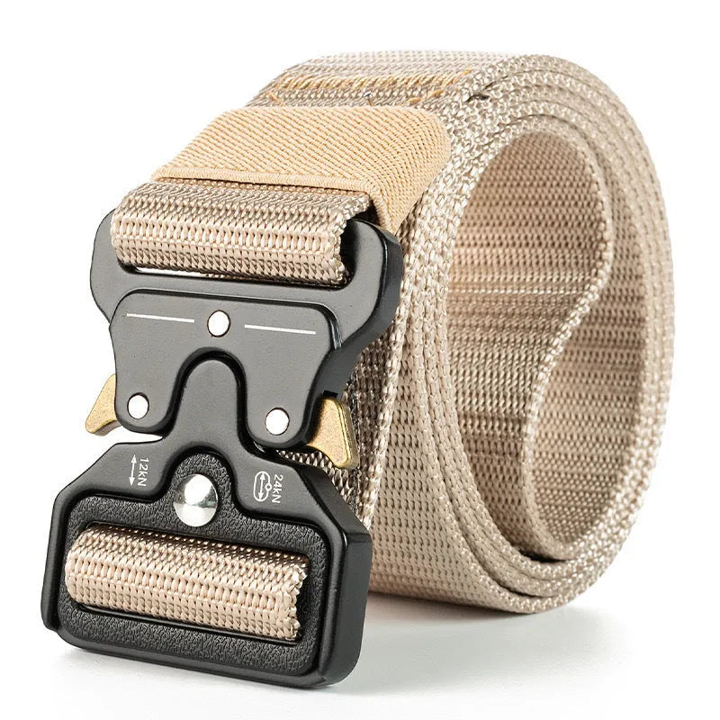 Men's thick canvas tactical belt with alloy release buckle in Army Green colour showing 120cm length.
