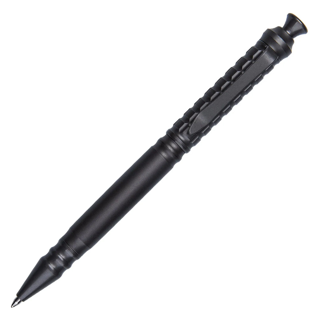 Gunmetal grey titanium alloy tactical pen with push-action mechanism and 0.5mm nib in a gift box.
