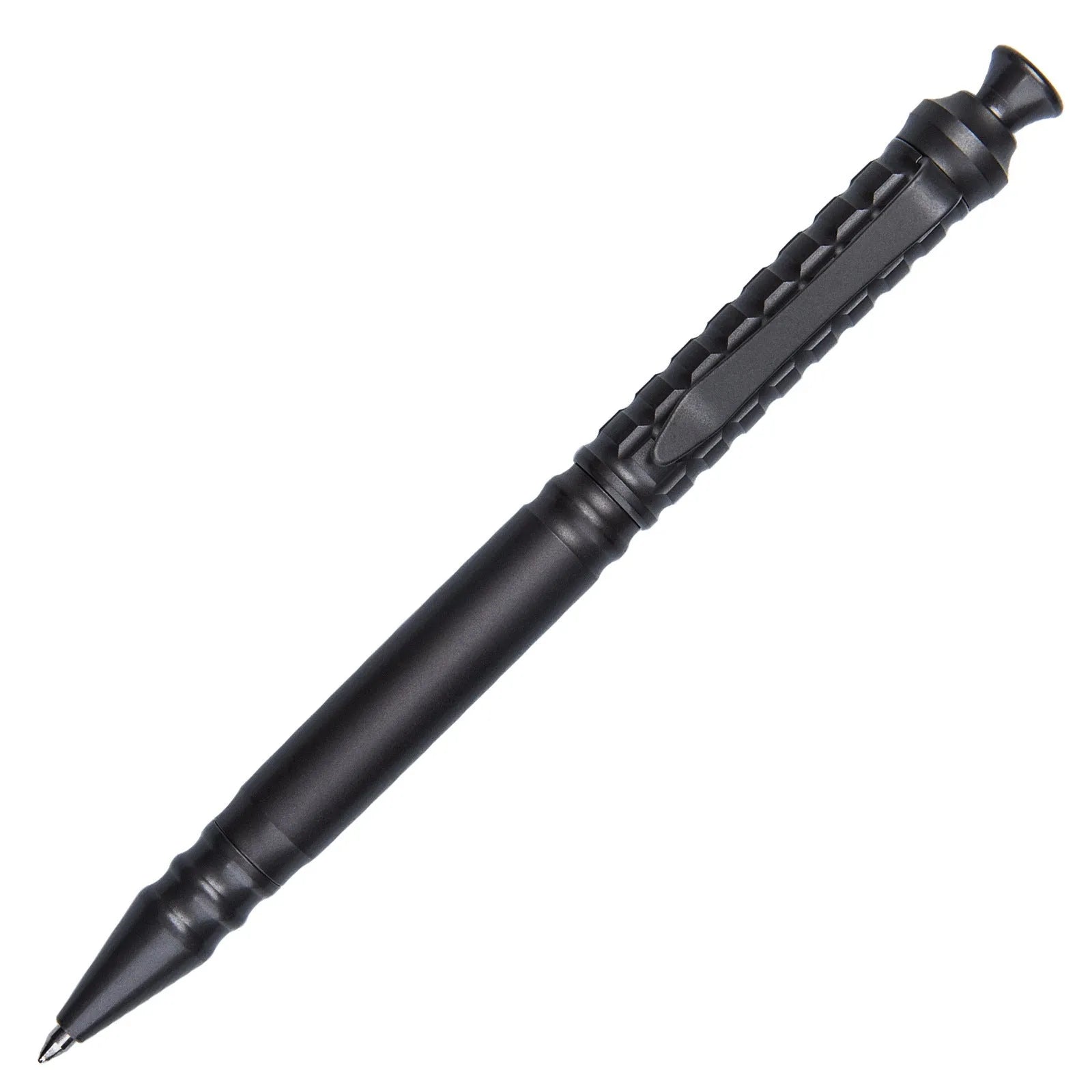Gunmetal grey titanium alloy tactical pen with push-action mechanism and 0.5mm nib in a gift box.