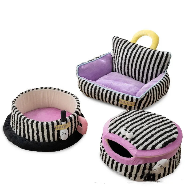 Striped three-piece pet kennel set showing sofa, big mouth, and teacup nest designs