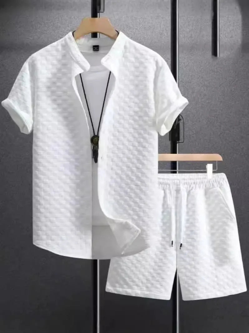 Men's jacquard short sleeve suit with matching shorts in solid colour options