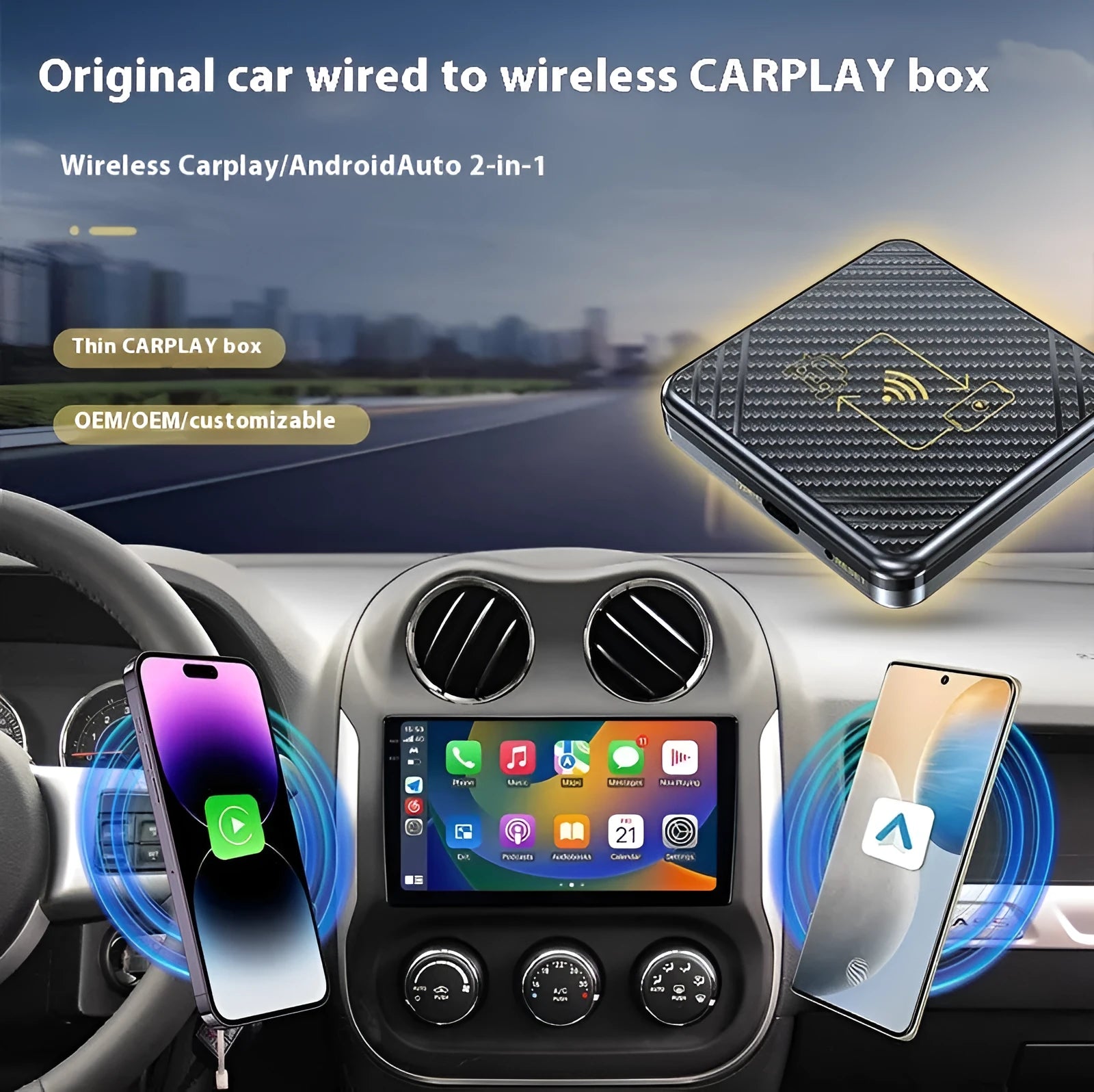 USB to wireless CarPlay and Android Auto conversion smart box in gold and white colours