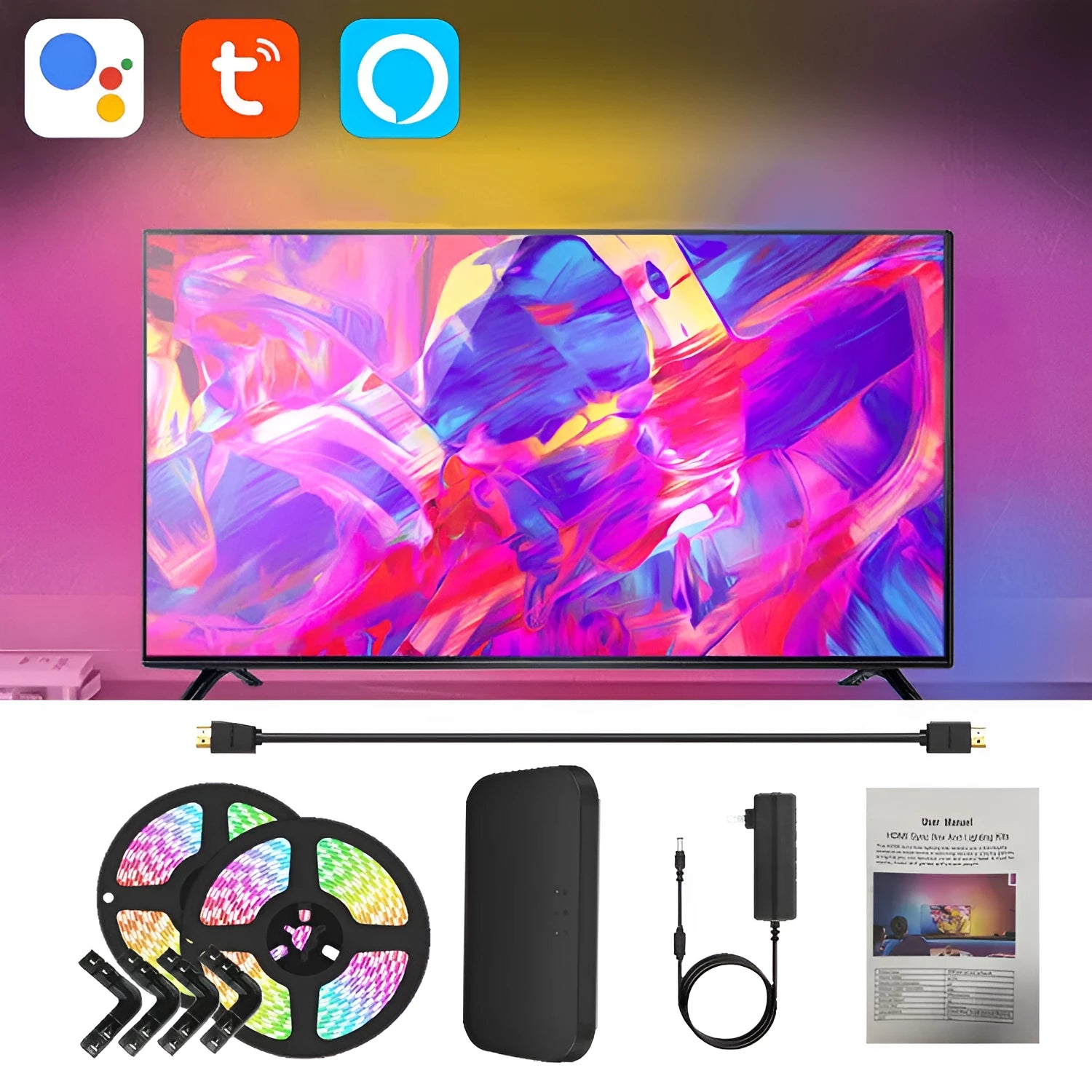 App-controlled TV ambience LED light strip mounted behind a television
