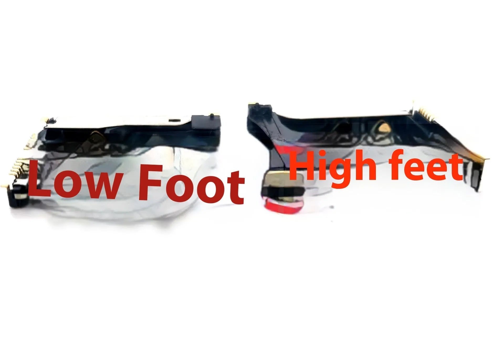 Alloy camera memory card slot replacement part showing high foot and low foot configurations