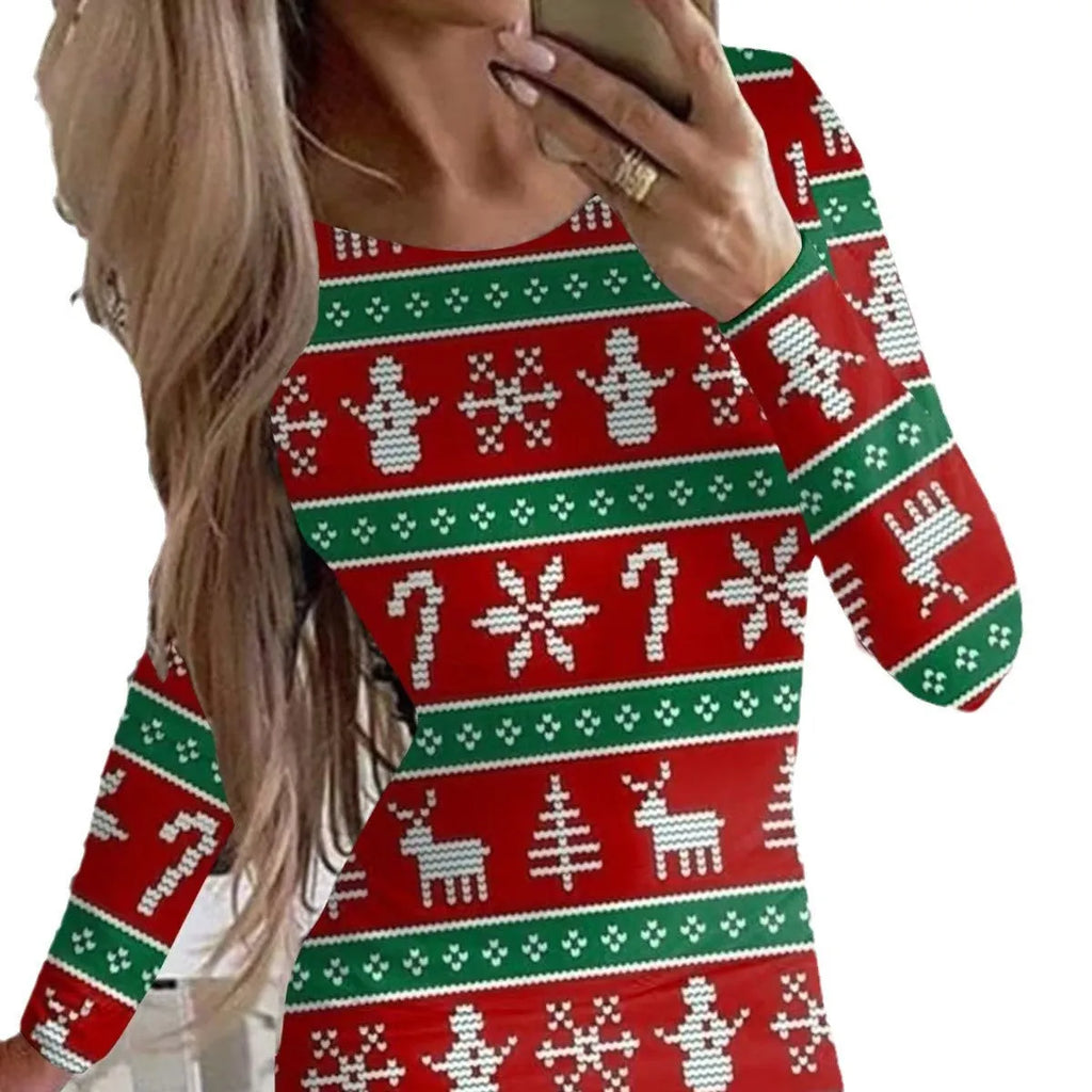 Women's tight-fitting Christmas dress with floral print, round neck, long sleeves, and short hip skirt.