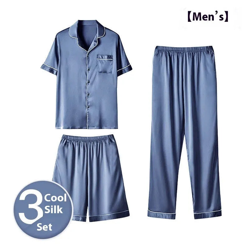 Men's ice silk three-piece home wear set in blue, showing top, shorts, and trousers laid flat.