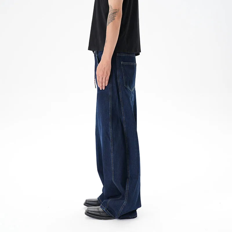 Women's washed distressed dark blue wide leg machete jeans on hanger