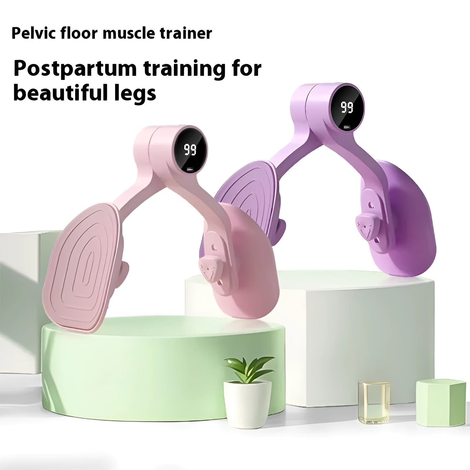 Pink and purple 3-gear pelvic floor muscle trainer with rubber-coated construction for postpartum exercise