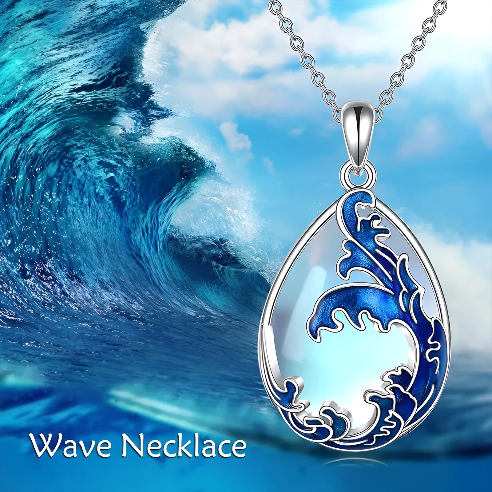 Blue alloy love heart pendant on a women's necklace chain.