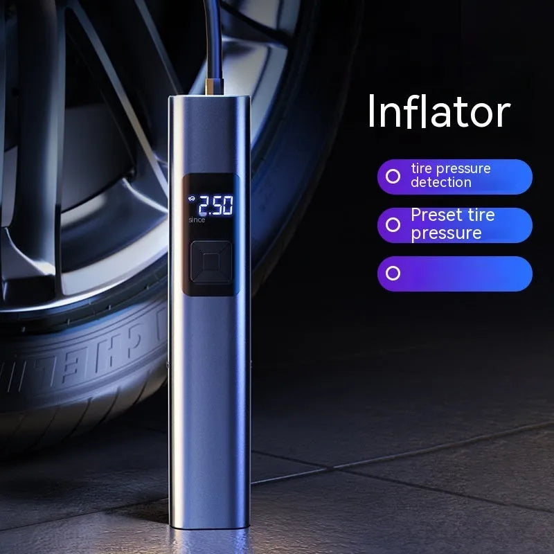 Wireless digital display car air pump and vacuum cleaner with emergency light functions.
