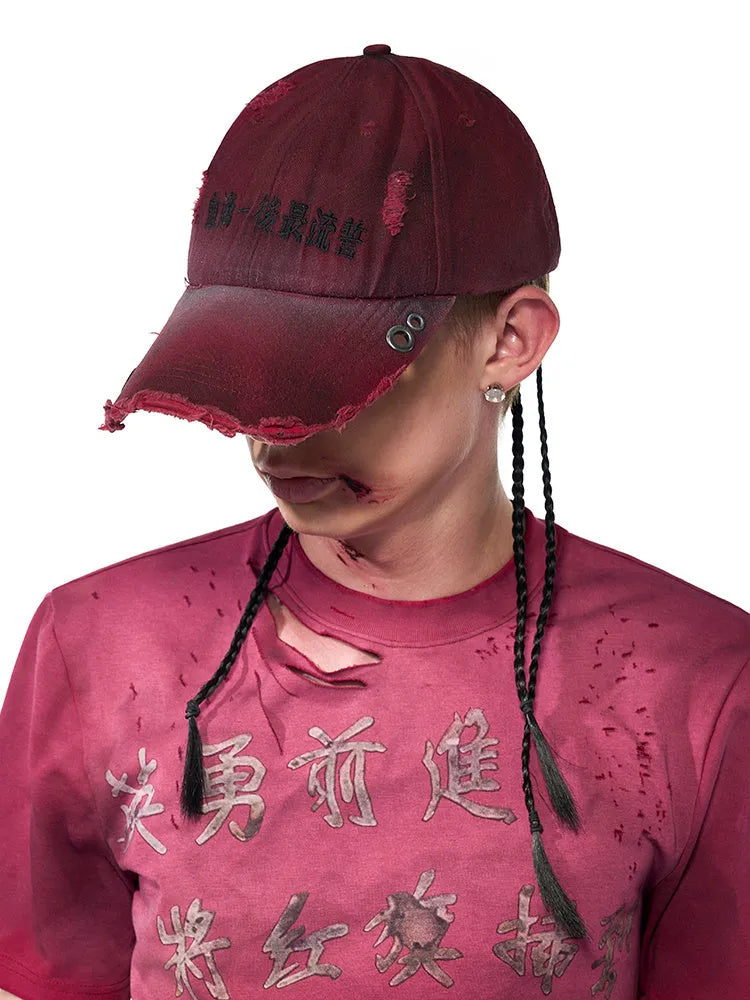 Rose red cotton peaked cap with adjustable fit and dirt-resistant spray coating