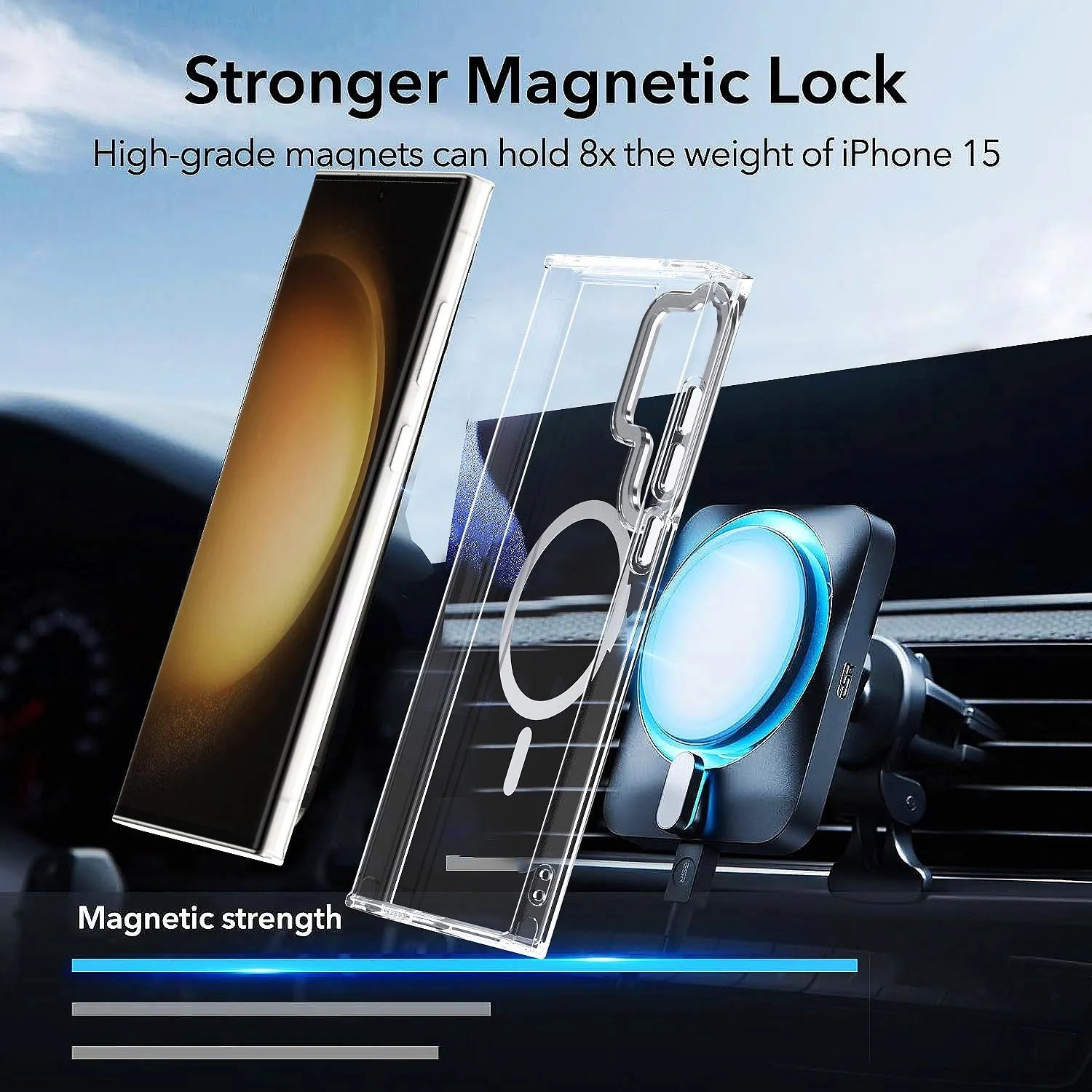 Semi-transparent magnetic phone case with hardware camera ring for Samsung in transparent black