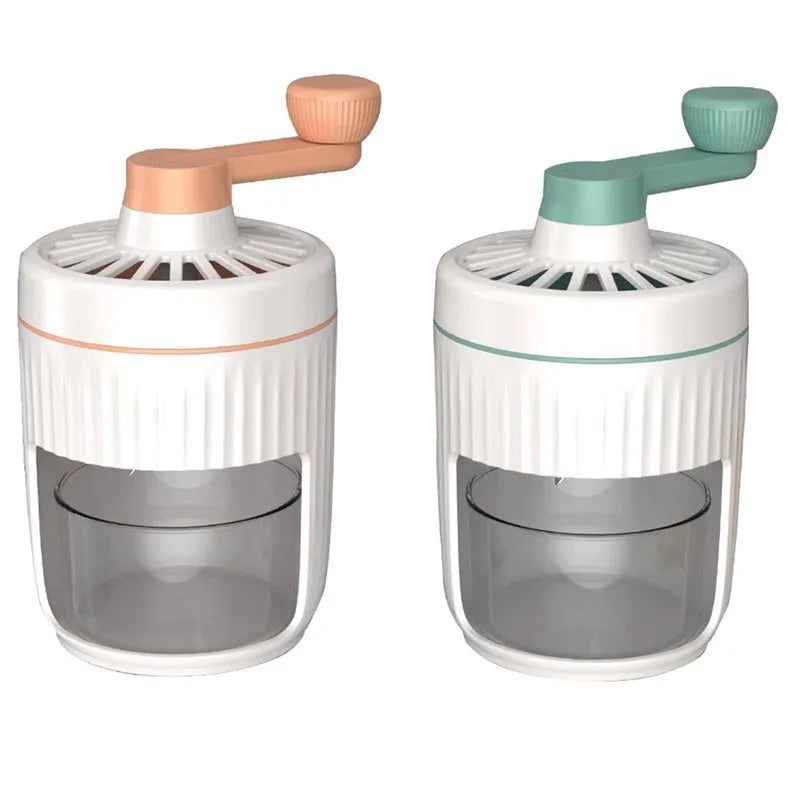 Hand-cranked ice shaving machine in green, compact portable design with removable ice box and stainless steel blade