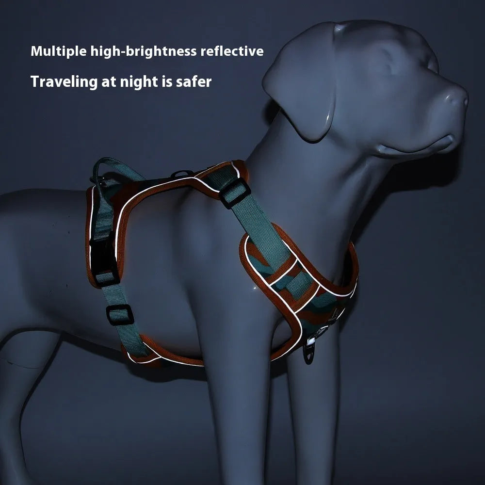 Orange oxford cloth dog harness with reflective strips and an attached hand-holding rope.