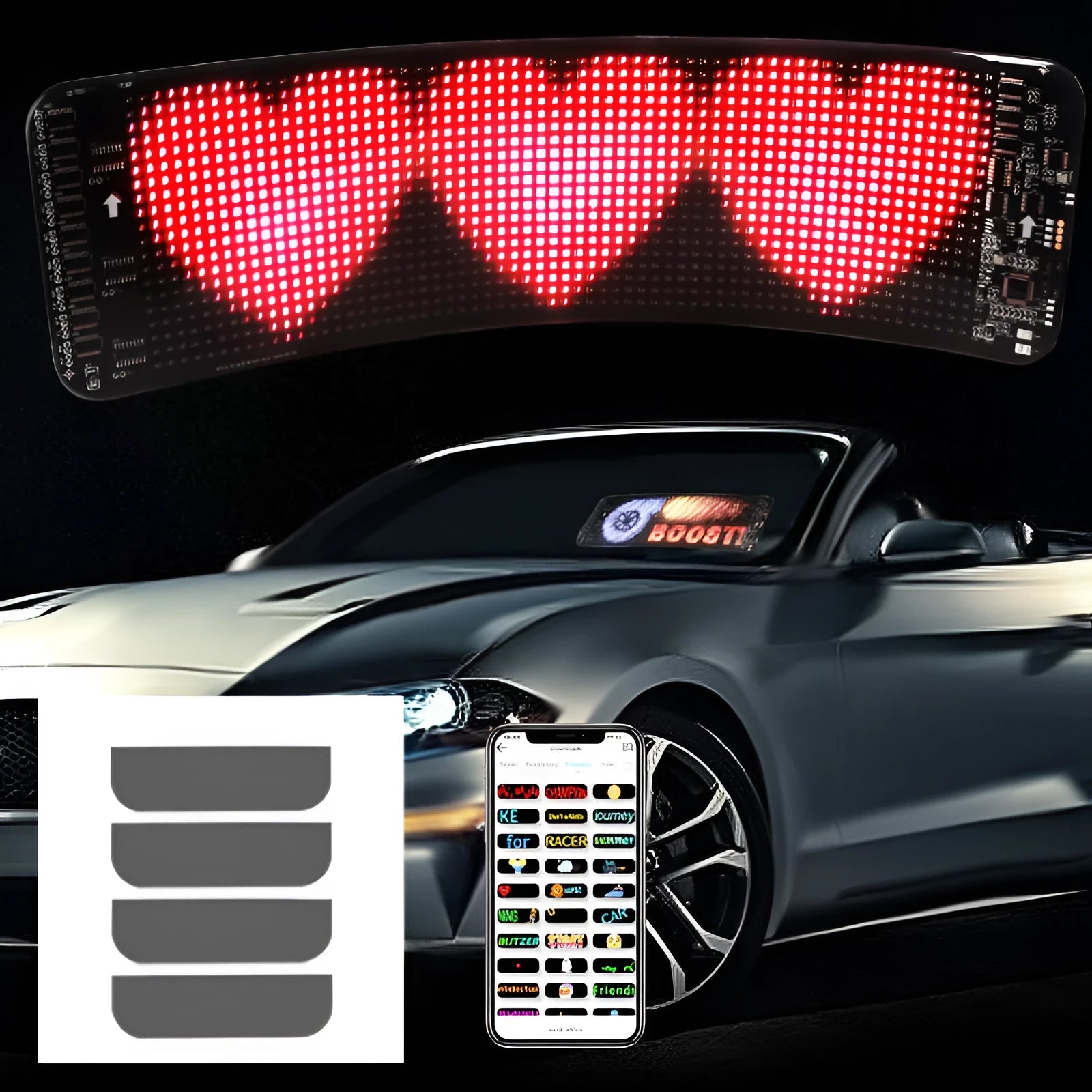 Black flexible Bluetooth LED screen for car rear windshield measuring 49.2 × 110cm