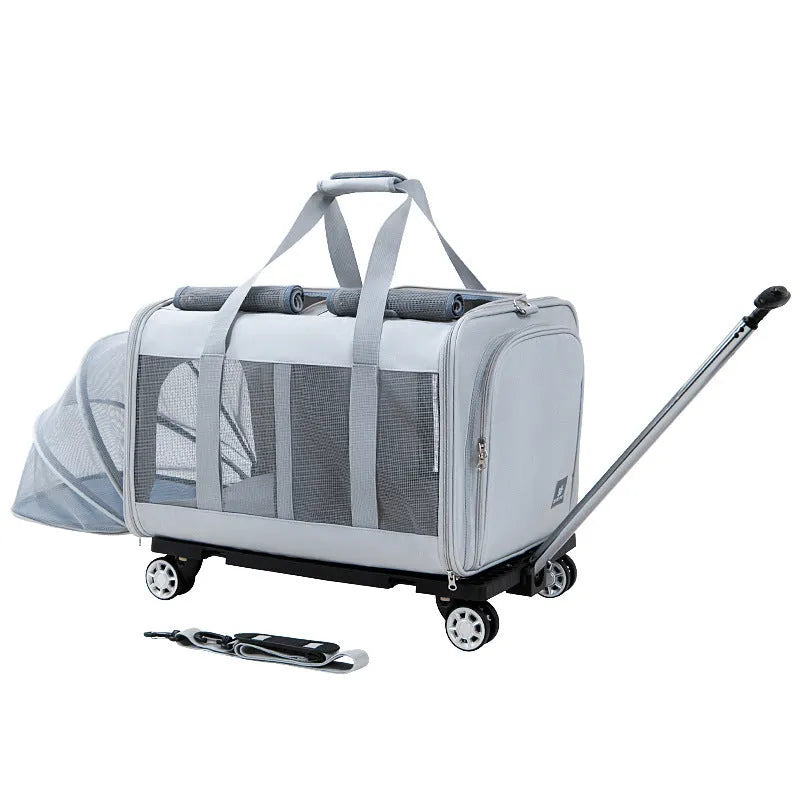 Large beige polyester wheeled pet trolley bag with cat inside, size 44x53x33cm