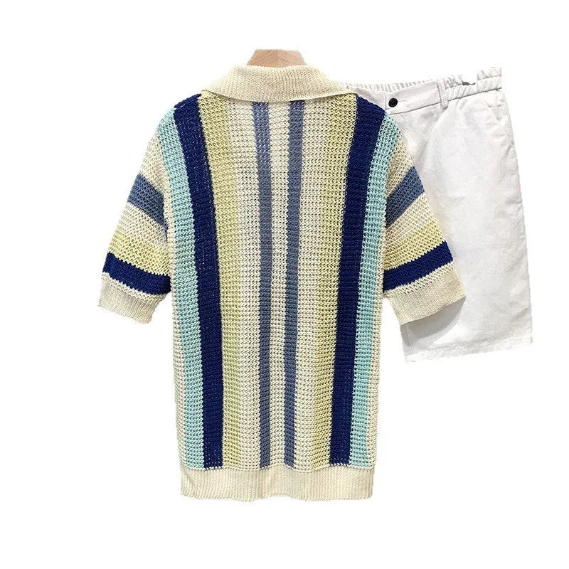 Man wearing a loose blue dopamine stripe casual short sleeve pullover shirt