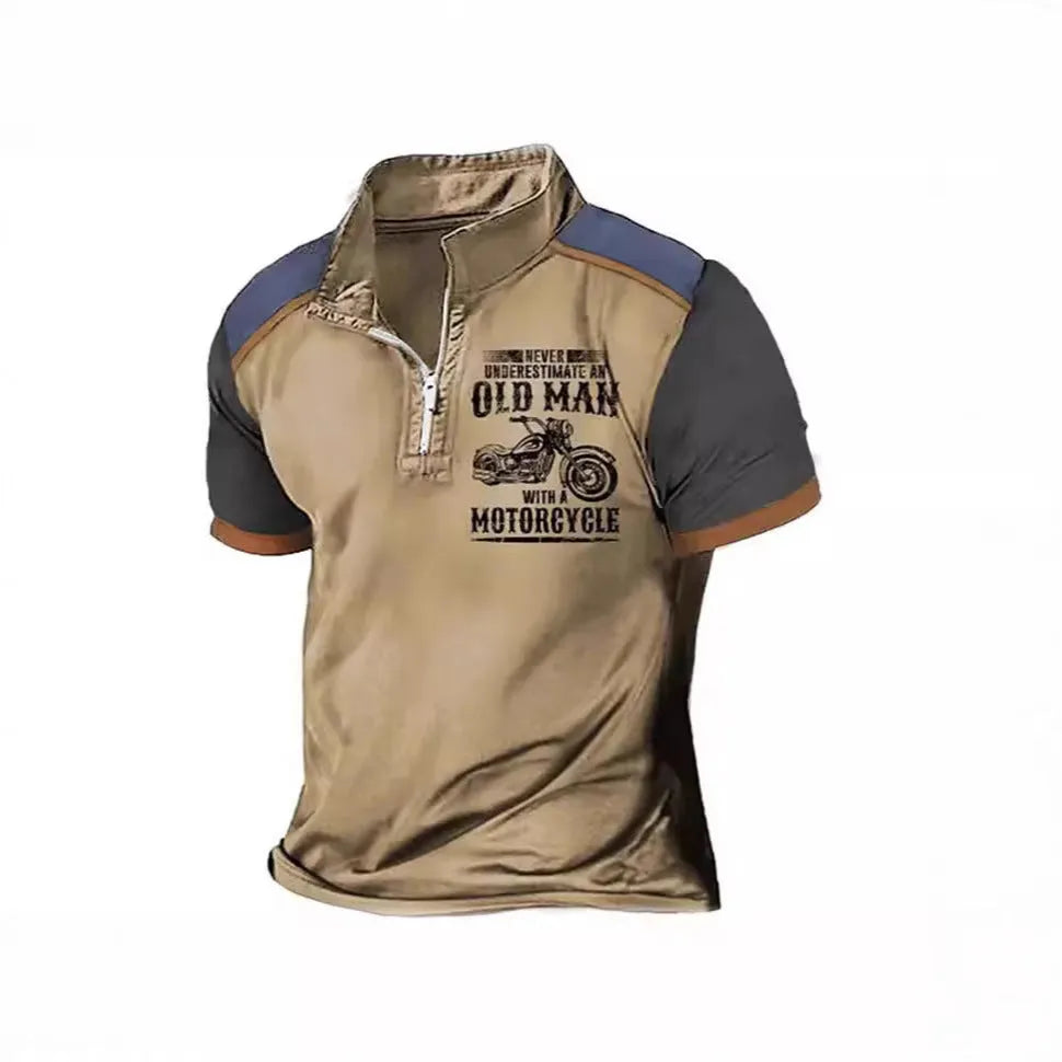 Men's blue digital print polo shirt with a lapel collar and short sleeves.