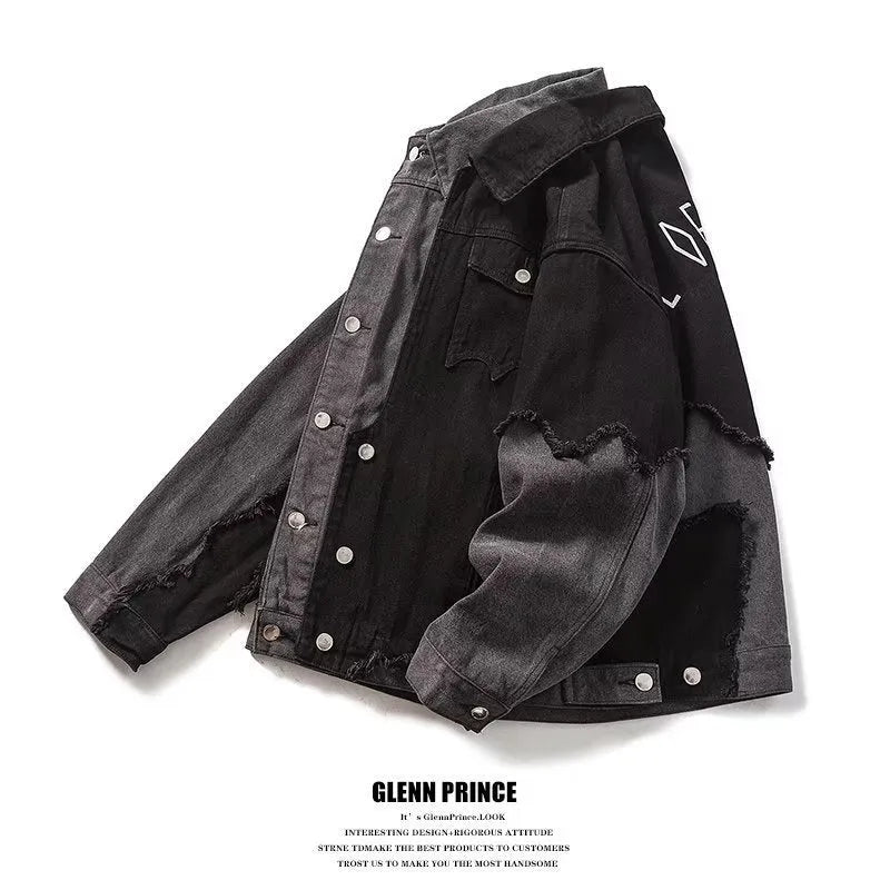 Loose fit black men's coat Harajuku Hong Kong style with straight hem and cotton blend fabric