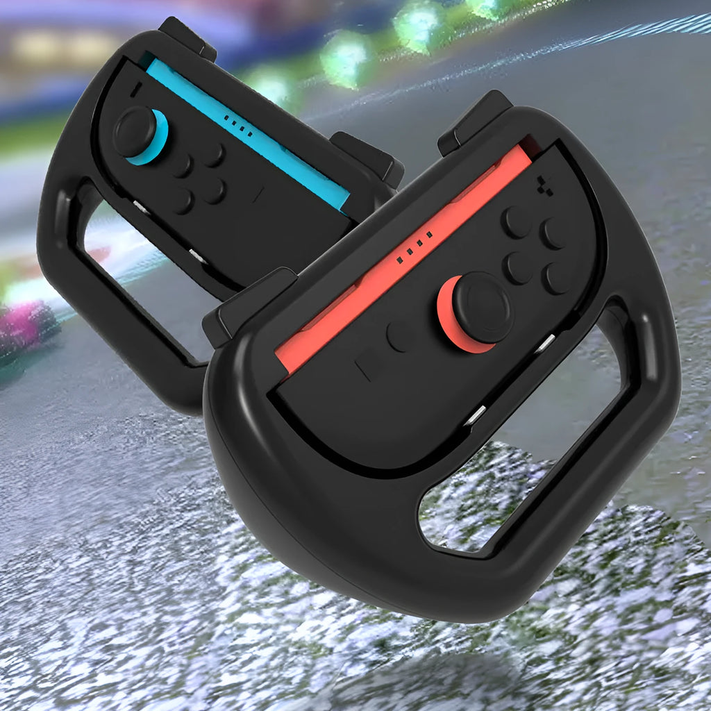 Pair of Switch2 controller grips in Black, Red and Blue, and White ABS plastic