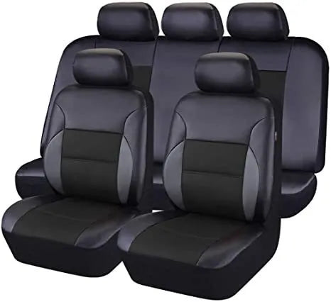 Black artificial leather car seat covers installed on front and rear seats with headrest covers.