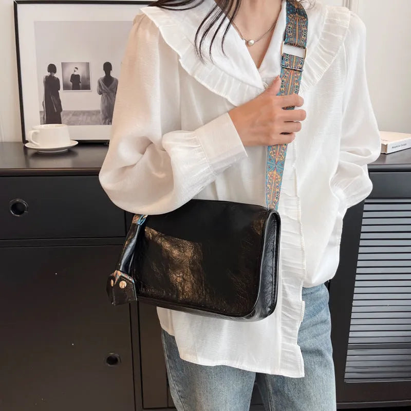 Casual single shoulder bag in solid colour, PU leather, wide strap, horizontal square shape, available in beige black coffee green brown