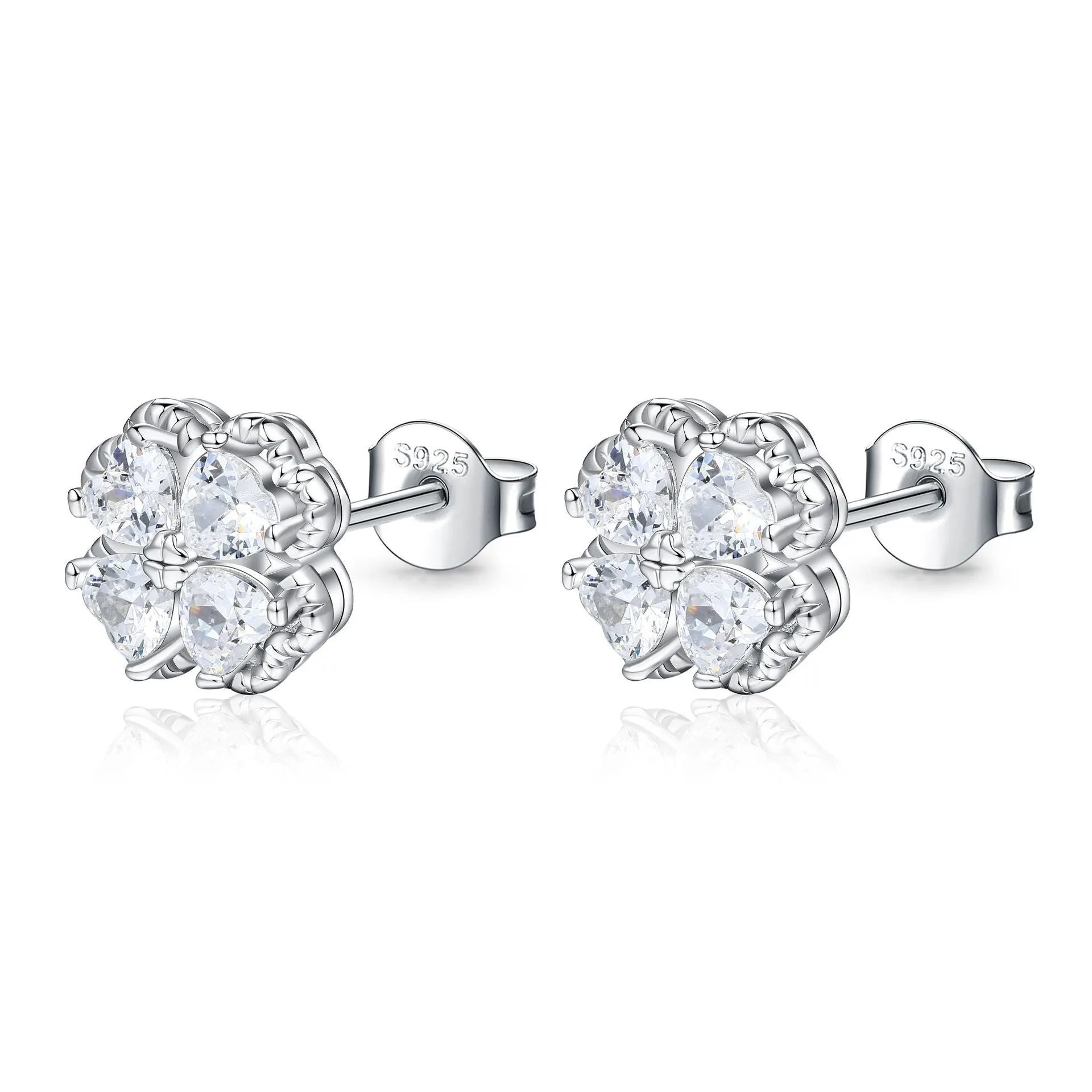 Women's zircon earrings with heart-shaped four-leaf clover design in 925 sterling silver with white gold colour finish