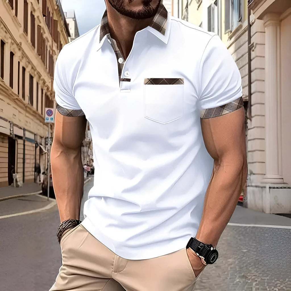 Men's loose fit short sleeve plaid colourblock T-shirt with zipper decoration.