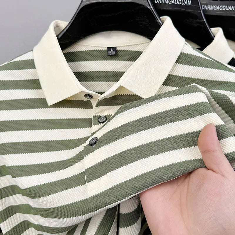 Men's black lapel jacquard stripes short-sleeve shirt on a hanger, showing asymmetrical design.