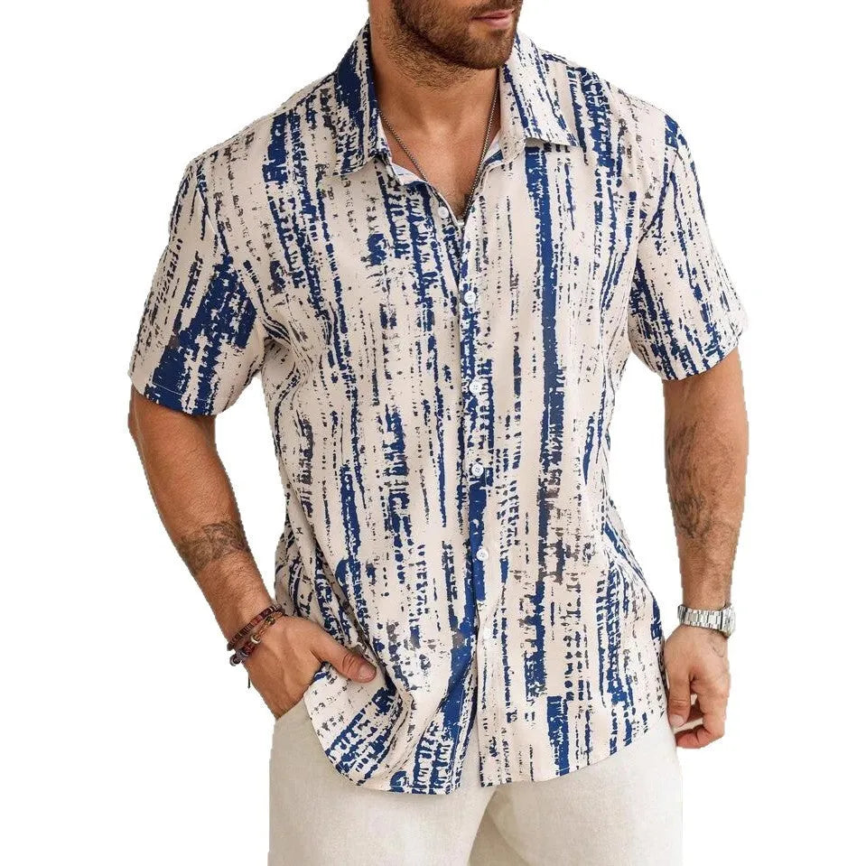 Man wearing a striped short sleeve casual shirt in a light colour, showcasing the 3D print detail.
