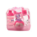 Blue and pink cartoon style plastic baby feeding set with bottle, bowl, bubble box and suction cup.