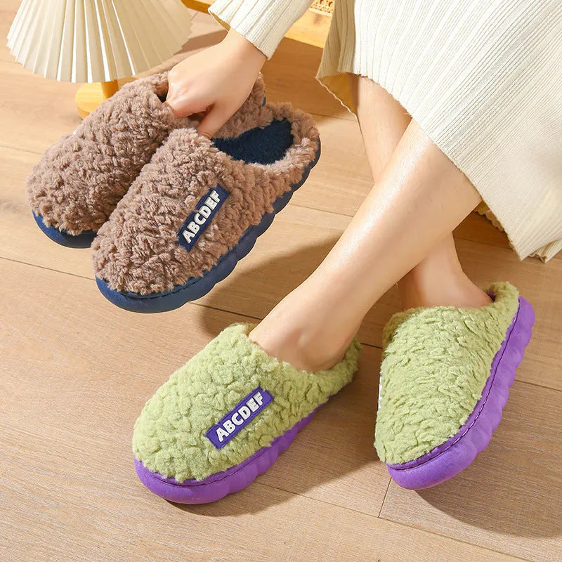New Letter non-slip thick-soled fur slippers in beige with plush upper and PVC sole for indoor warmth