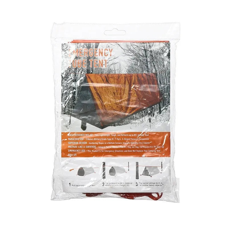 Portable emergency tent kit with sleeping bag and safety whistle in orange or army green colours