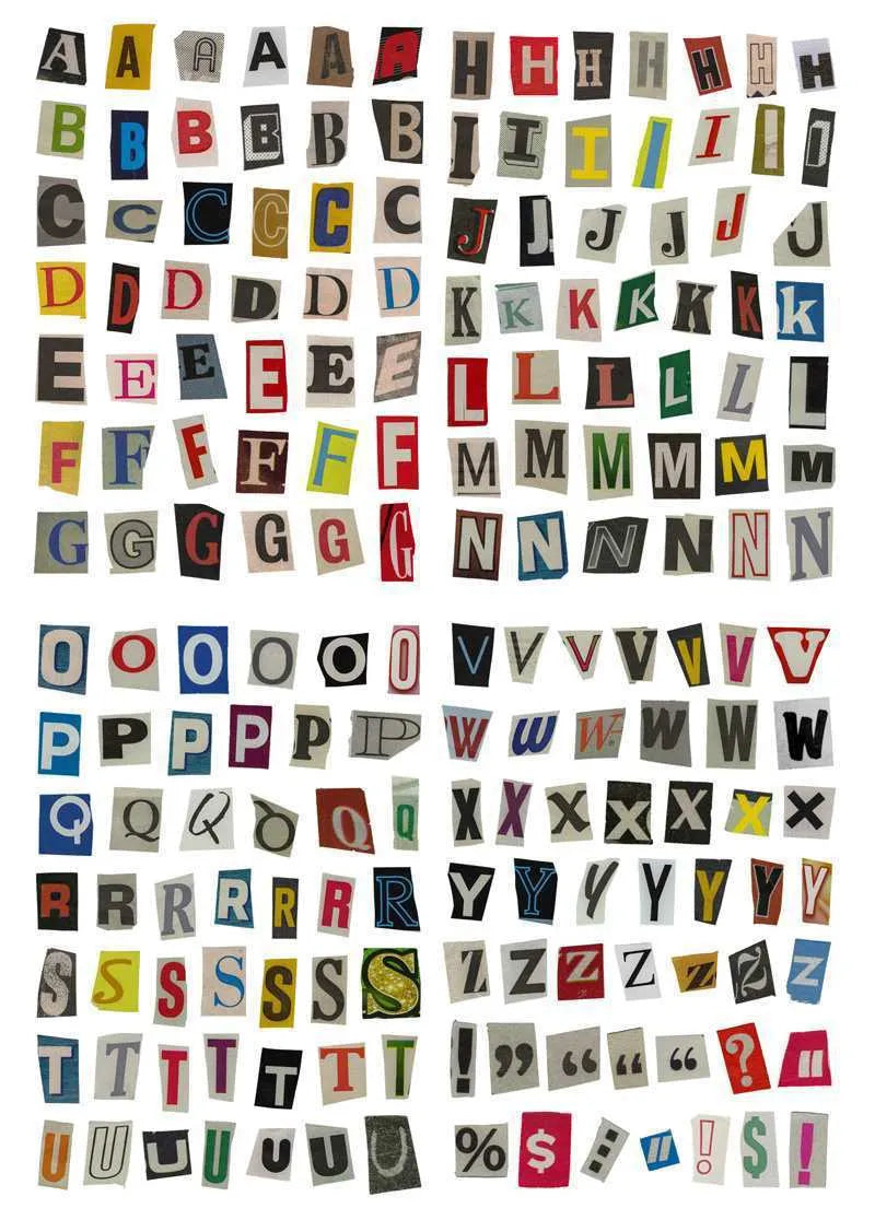 Pack of printed decorative stickers showing English letters, numbers, symbols, and weekly words in a cute style.