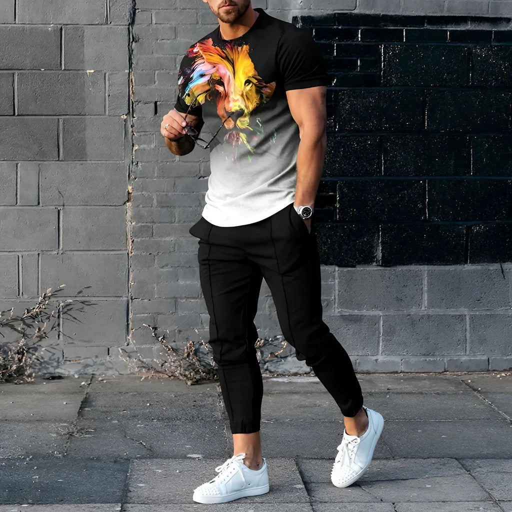 Men's short-sleeved printed pullover and matching trousers set on a hanger