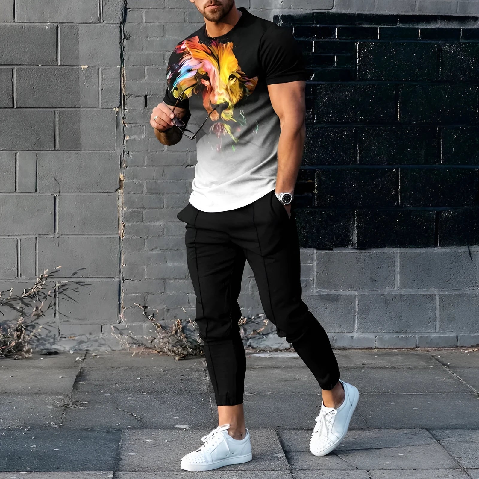 Men's short-sleeved printed pullover and matching trousers set on a hanger
