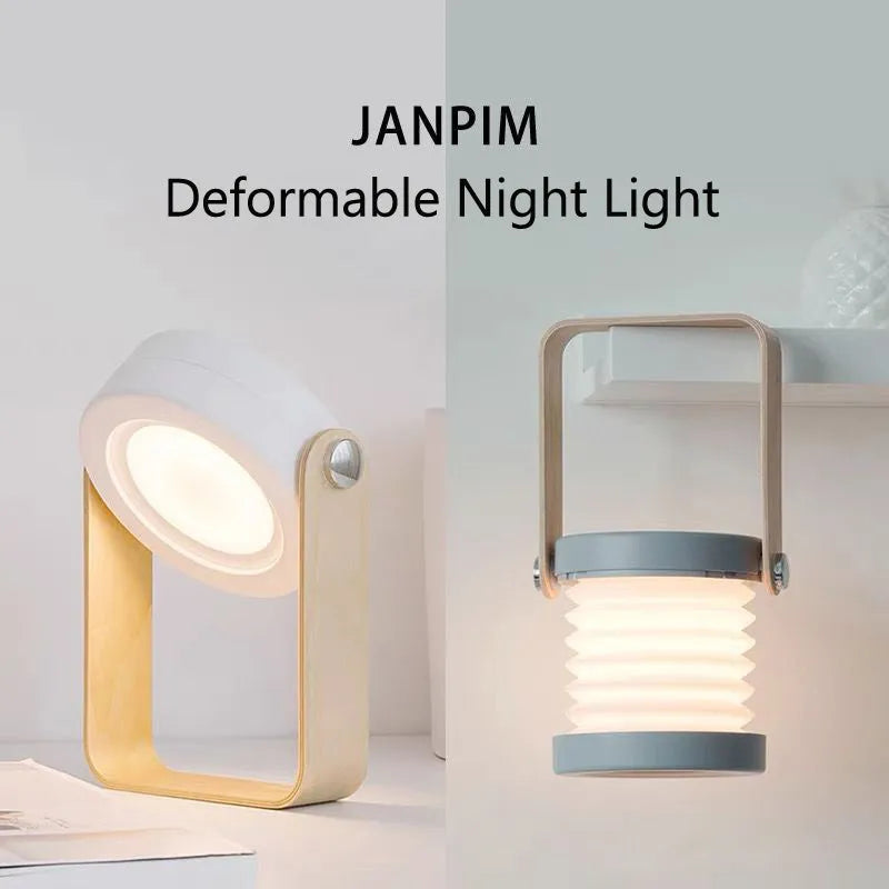 Foldable touch dimmable LED night light in white, showing both table lamp and expanded lantern modes.