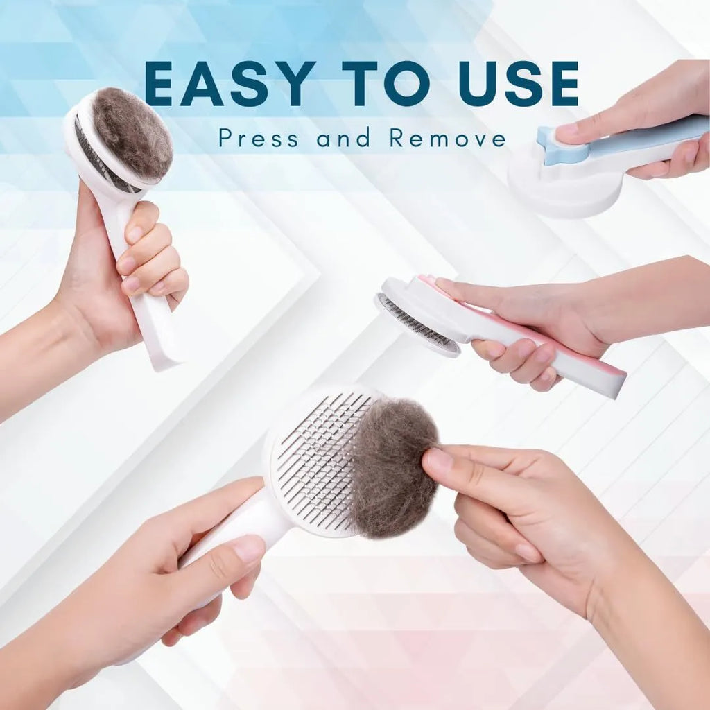Self-cleaning pet grooming slicker brush with blue handle and stainless steel bristles