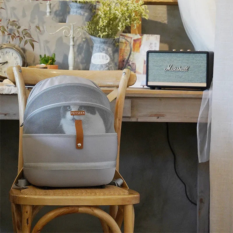 Grey canvas pet carrier backpack for cats and small dogs up to 15kg portable shoulder bag