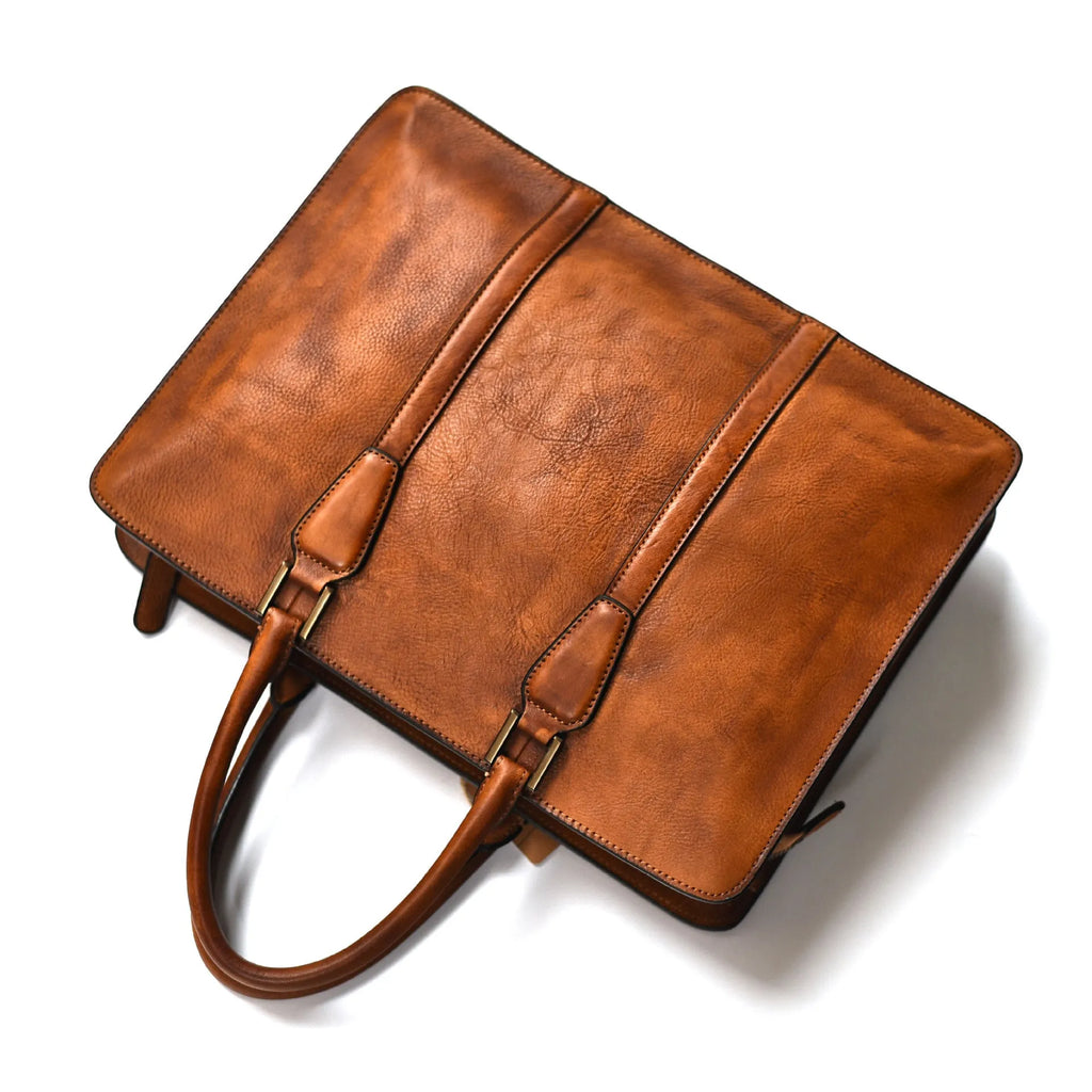 Men's 14 inch horizontal square leather handbag in business style with zipper