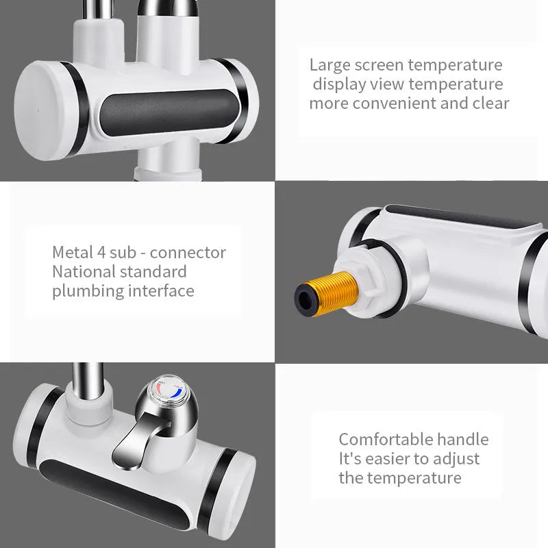 White 3000W kitchen electric water tap heater with digital temperature display and 10L capacity, fitted to a sink