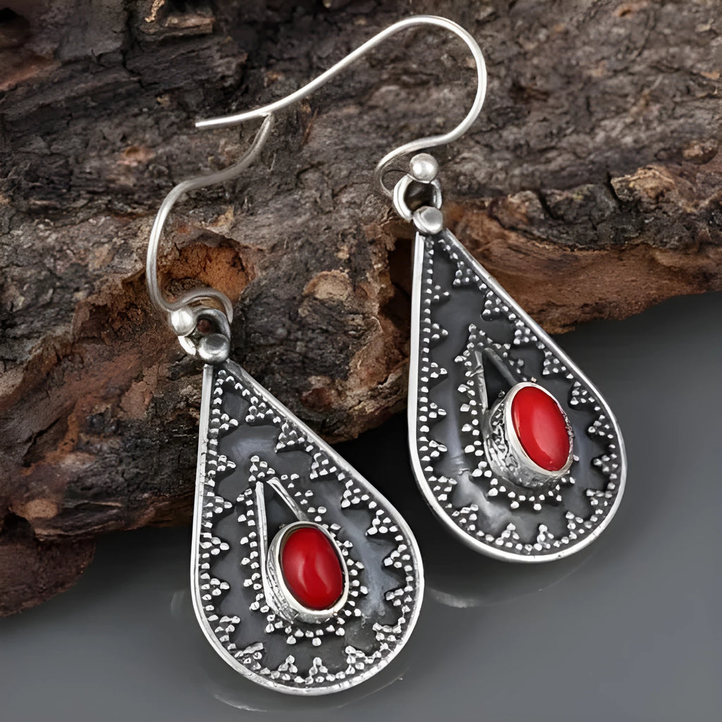 Silver water drop earrings with red pine gemstone on zinc alloy backing