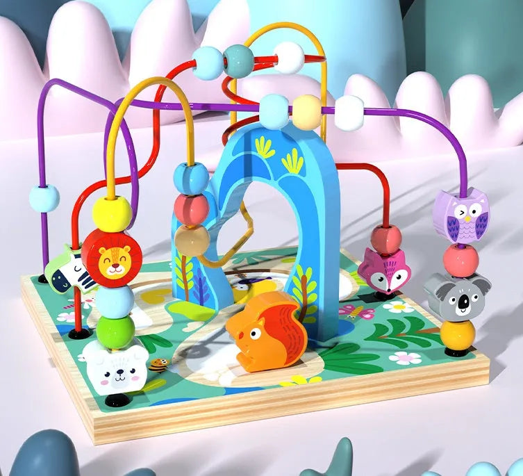 Blue wooden bead treasure box activity centre for toddlers with multi-functional play scenes