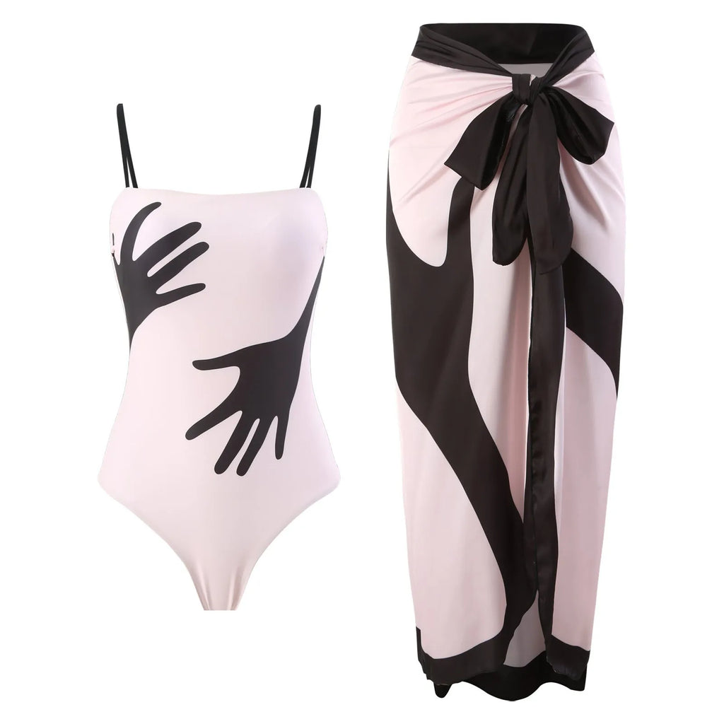 Women's patterned one-piece bikini swimsuit with tulle skirt overlay in polyester fabric